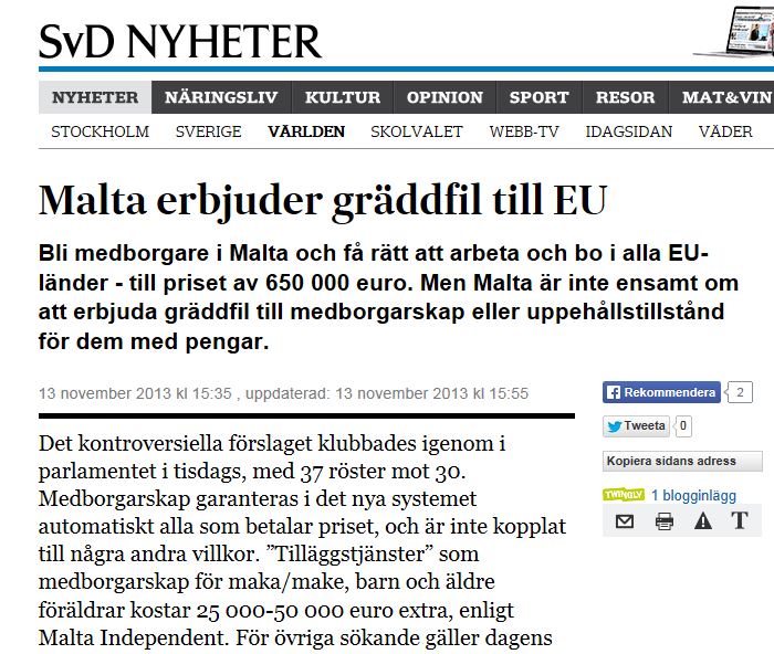 SVD/Sweden: 'Malta sells EU citizenship'
