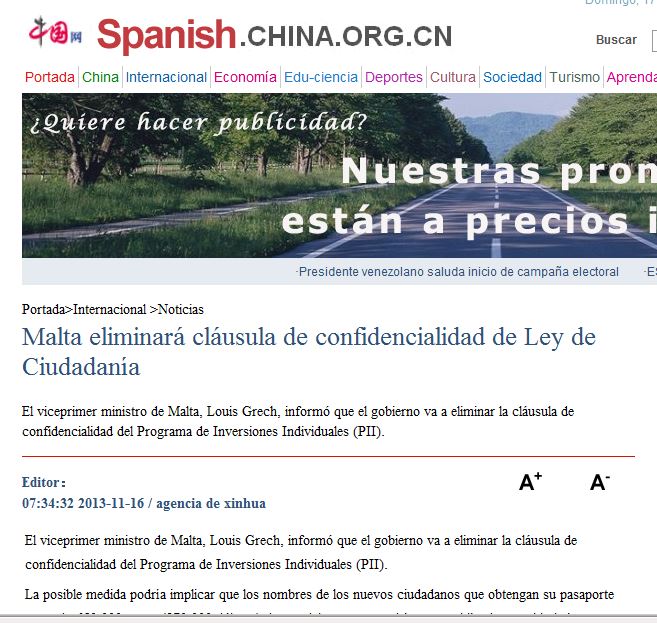 Spanish China/Chinese news site/Spanish edition: this article reports on the Maltese government's removal of the secrecy clause and quotes Louis Grech.