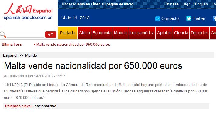 Spanish People/China: 'Malta sells nationality for 650,000 euros'