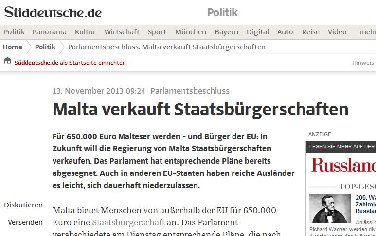 Sueddeutsche/Germany: 'Malta sells citizenship: for 650,000 euros you can become Maltese - and an EU citizen'