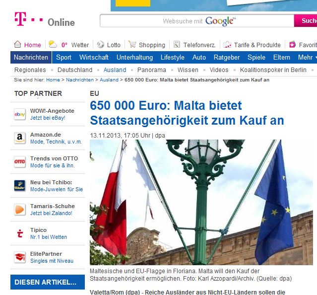 T-Online/Germany: '650,000 euros: Malta offers nationality for purchase'