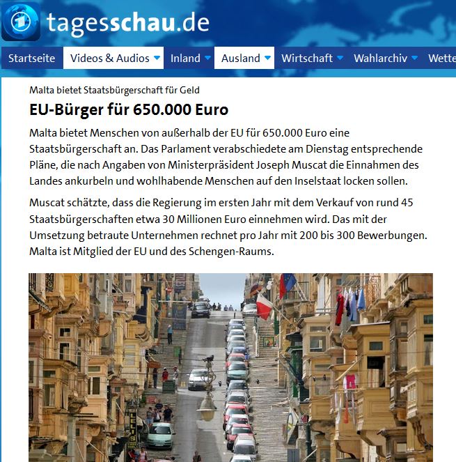 Tages Schau/Germany: 'EU citizenship for 650,000 euros'