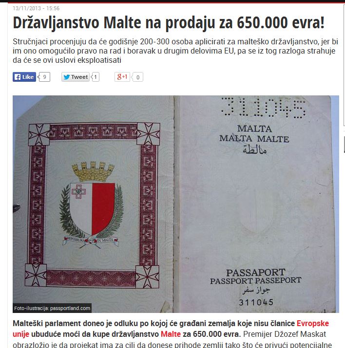 Telegraf/Serbia: 'Maltese citizenship on sale for 650,000 euros!'