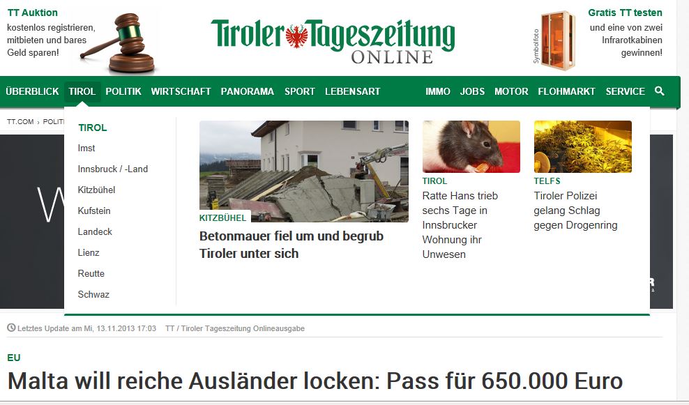 Tiroler Tageszeitung/Austria: 'Malta will attract rich foreigners: passports on sale for 650,000 euros'