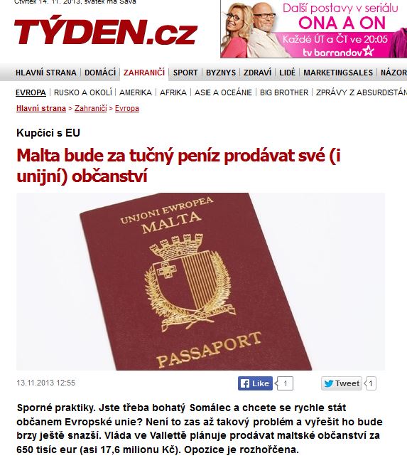 Tyden/Czech Republic: 'Malta will get filthy rich selling its citizenship and that of the EU'