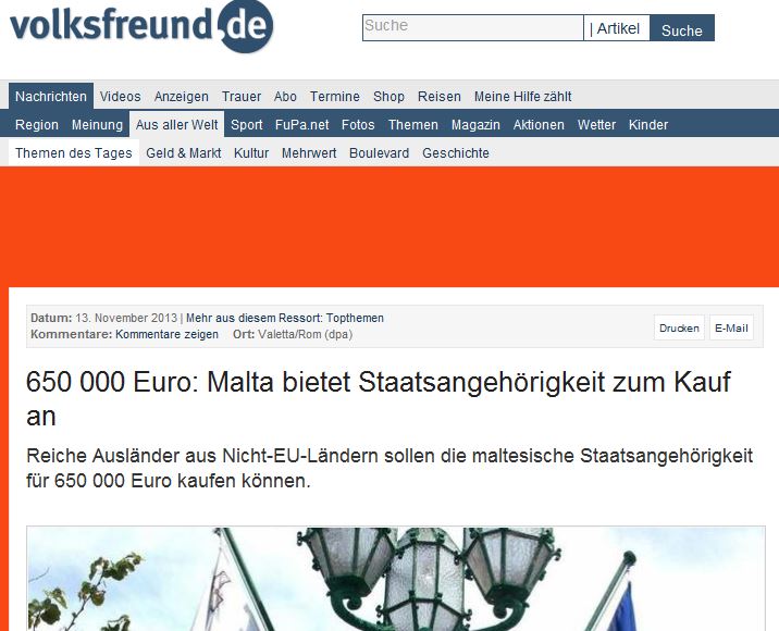 Volksfreund/Germany: '650,000 euros: Malta offers nationality for purchase'