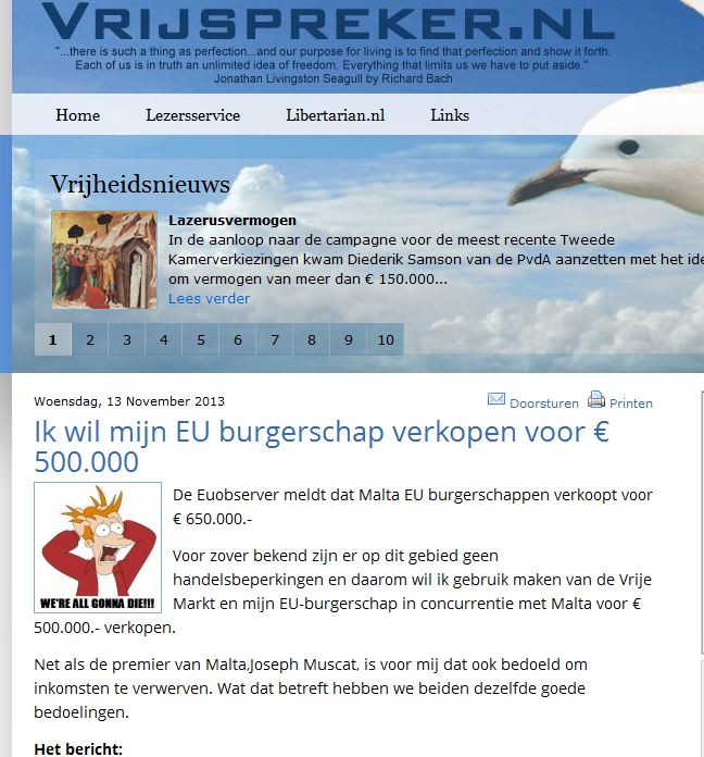 Vrijspreker/The Netherlands: this blogger says 'I want to sell my citizenship for Eur500,000'