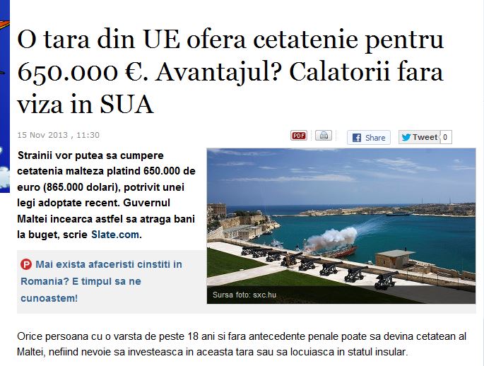 Wall-Street/Romania: 'EU country offering citizenship to € 650,000. The advantage? U.S. visa-free travel.' 