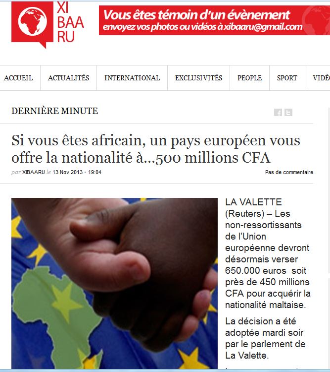 Xibaaru/West Africa/French language portal: 'If you are African, a European country is offering citizenship for 500 million CFH'