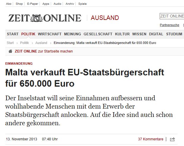 Zeit/Germany: 'Malta sells EU citizenship for 650,000 euros'