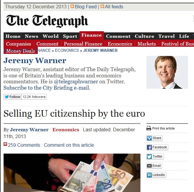 The Telegrah 11 December 2013 Selling EU Citizenship by the Euro