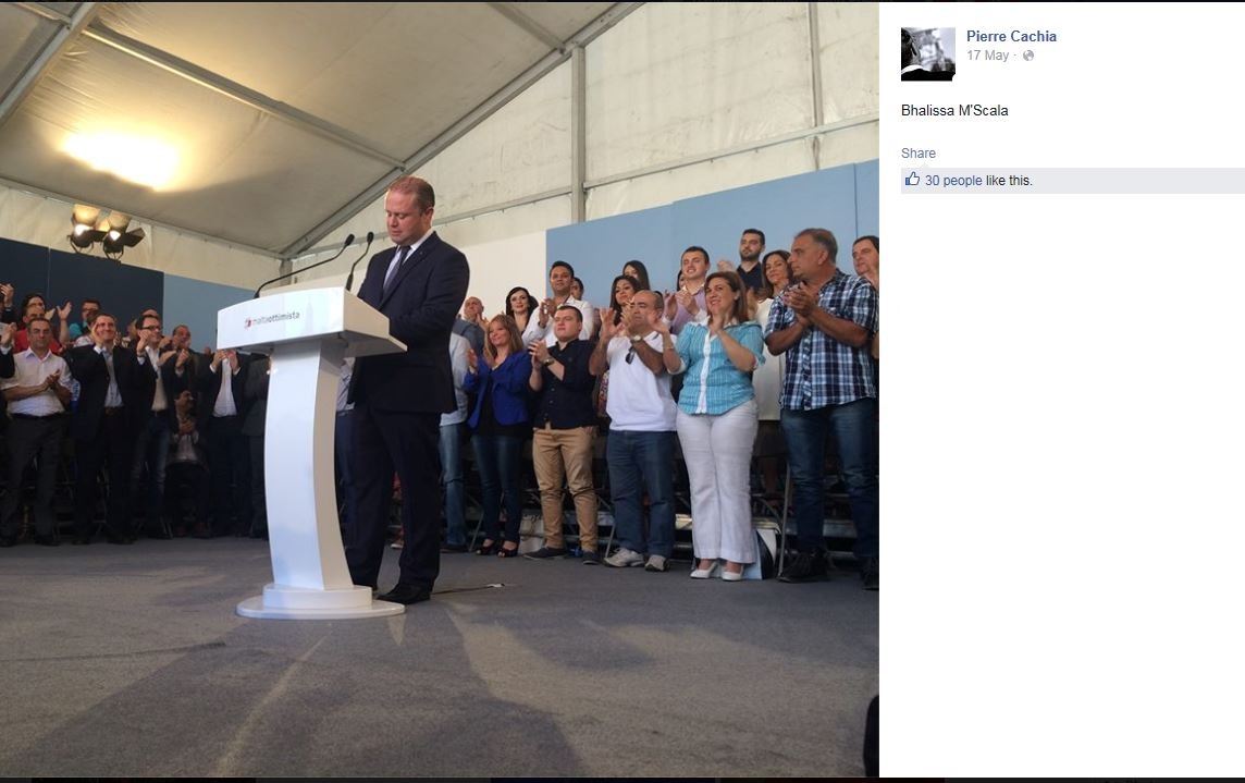 One of Pierre Cachia's Facebook posts from last May, showing that he was at Joseph Muscat's meeting at Marsascala