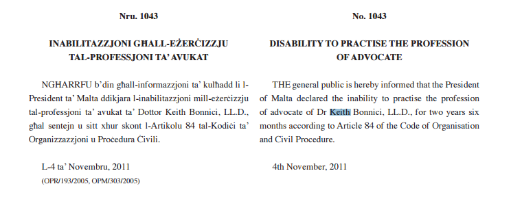 keith bonnici government gazette