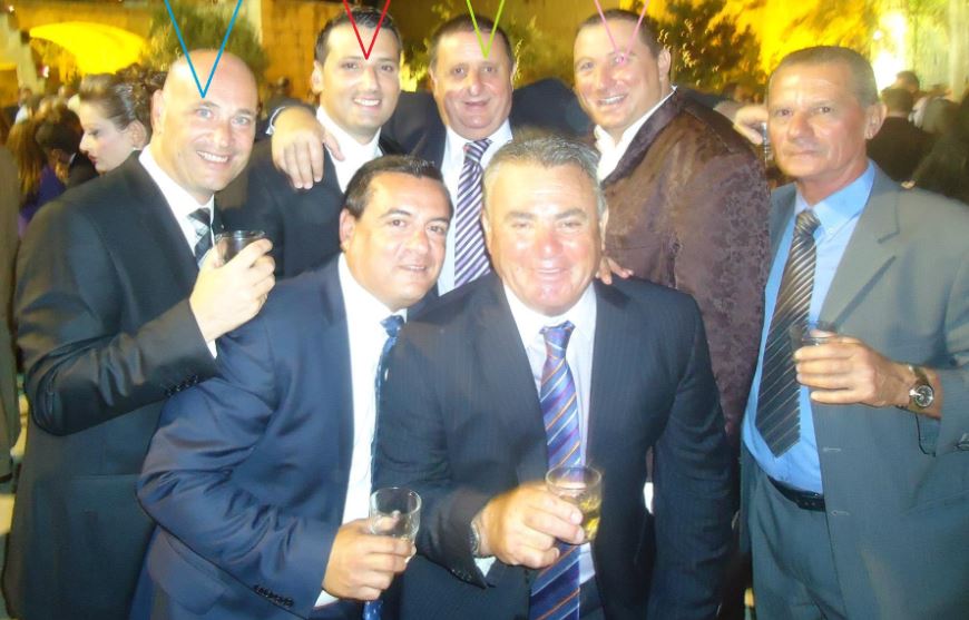 Left to right at back: Ivan Portelli, director of operations at the VAT Department (he had been dismissed from the Police Force by Commissioner Rizzo), Economy Minister Chris Cardona's aide Jonathan Attard whose wedding it was that day (he was previously on the payroll at the Labour Party television station), Silvio Debono of the Seabank Hotel and Hard Rock franchise, Zurrieq Labour mayor Natius Farrugia. Left to right in front: Labour Party henchman and criminal lawyer Vince Micallef (his close friend Pullicino Orlando has appointed him secretary to the board of the Malta Council for Science and Technology) and Louis Gauci of the Big Ben family. I can't identity the older man.