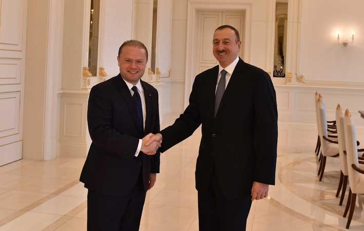 Joseph Muscat with Ilham Aliyev, ruler of Azerbaijan, in December 2014