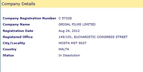 Grigal Films Ltd company number and registered address