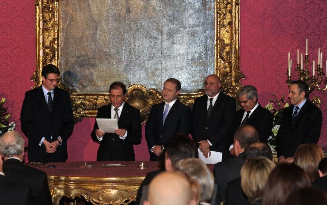 The Maltese Prime Minister, Joseph Muscat, and his chief of staff, Keith Schembri, at Konrad Mizzi's swearing-in as Energy Minister.