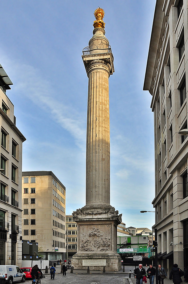 The monument to the Great Fire of London of 1666, which for 150 years carried an inscription on its base blaming Catholics (the "Popish faction") for burning "this Protestant city".