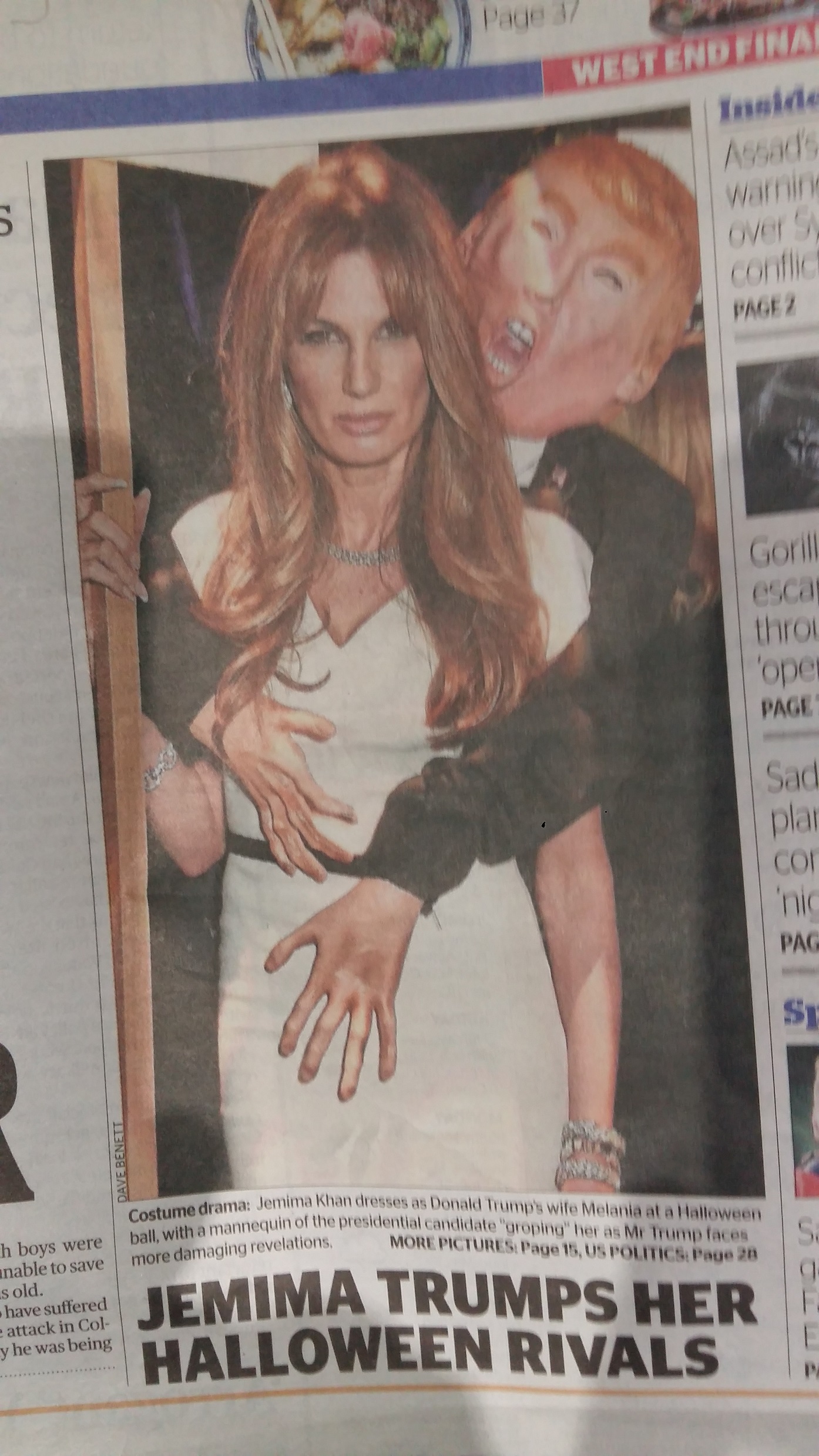 London socialite Jemima Khan goes to a Hallowe'en party dressed as a woman being groped by Donald Trump.