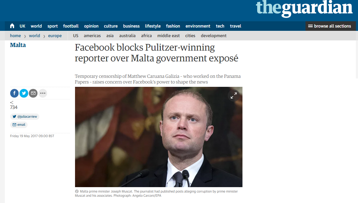 Facebook blocks Pulitzer-winning reporter over Malta government exposé, Malta