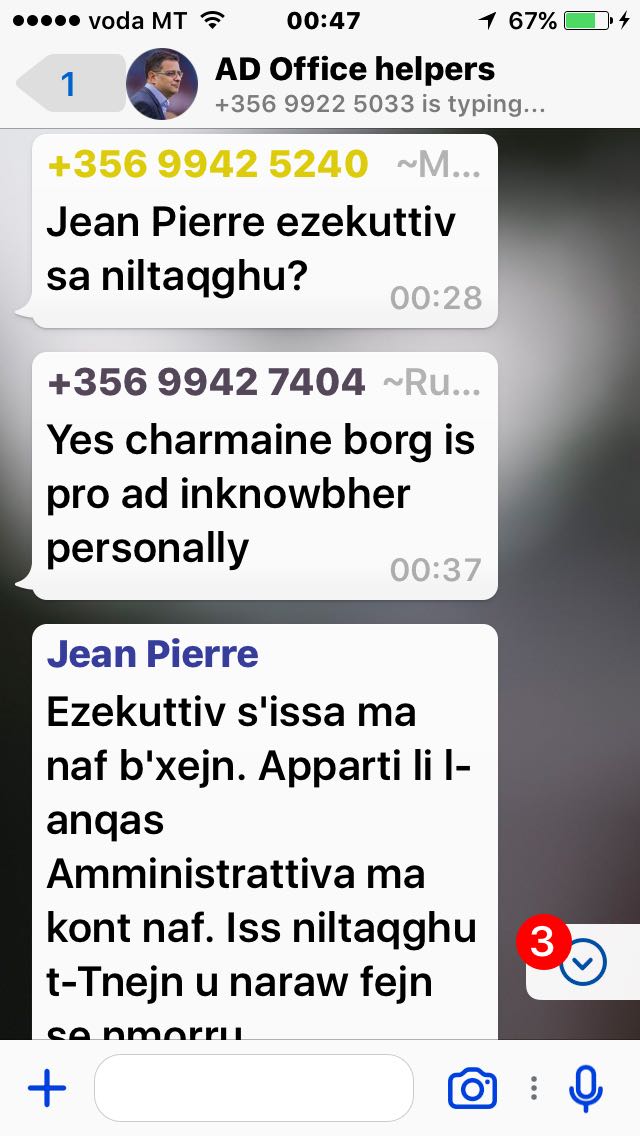 Screen-shots from the secret WhatsApp group of Adrian Delia's 'office  helpers', showing Jean Pierre and Kristy Debono's involvement